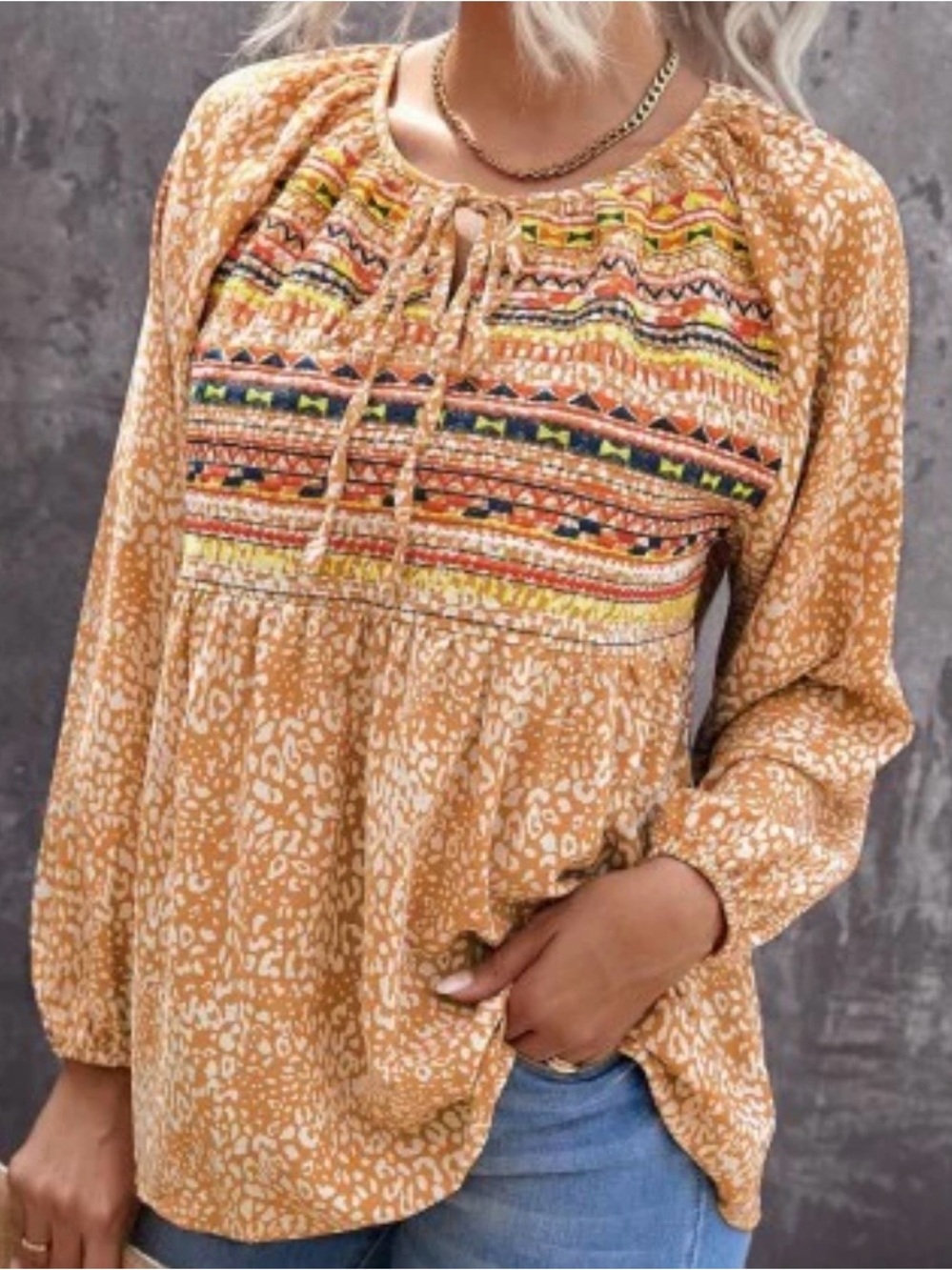 Boutique Size Large Boho Mustard Multi Embroidered Yoke Top